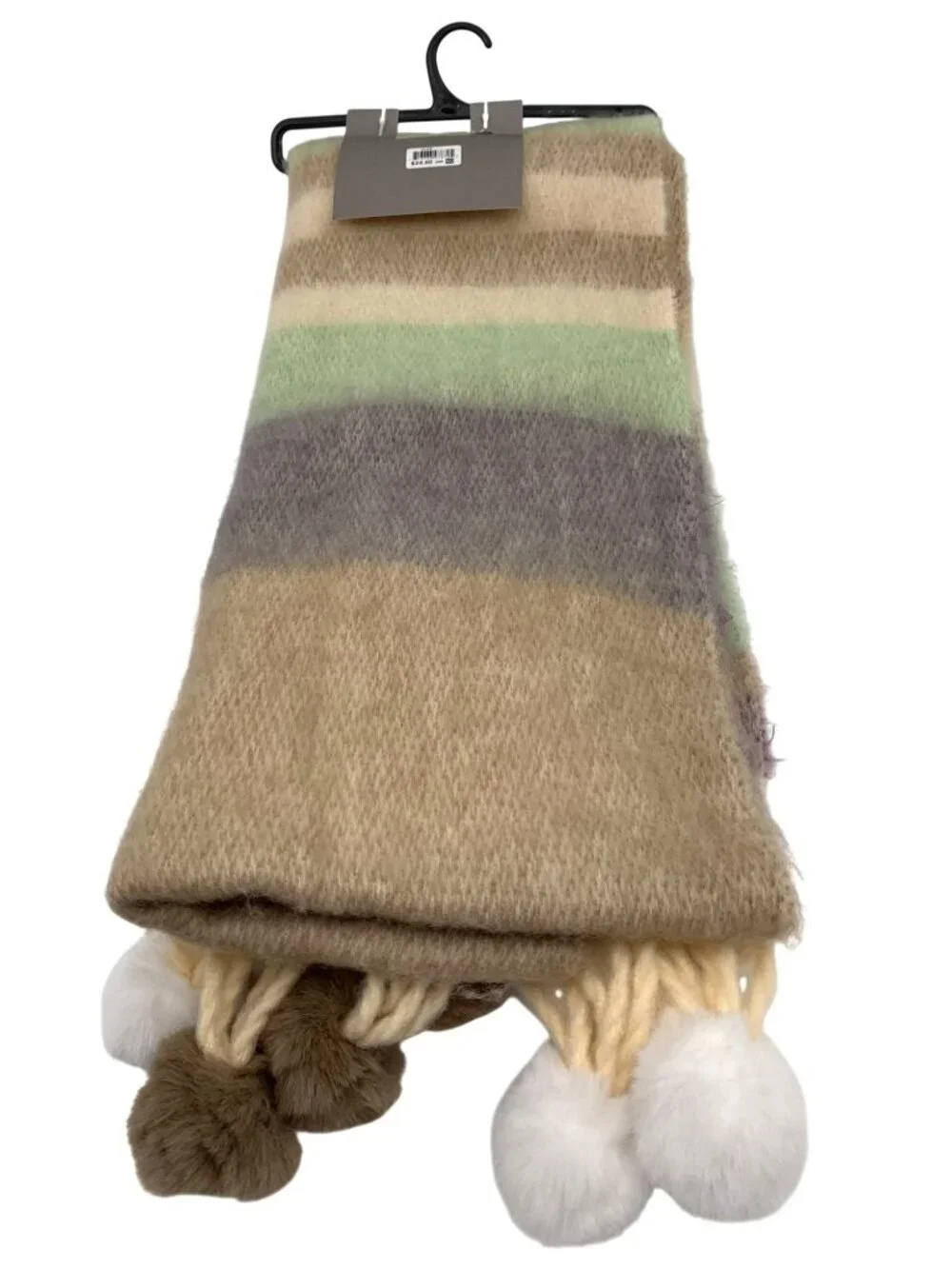NWT Falls Creek Pom-Pom Trim Striped Fashion Scarf Beige Green 40